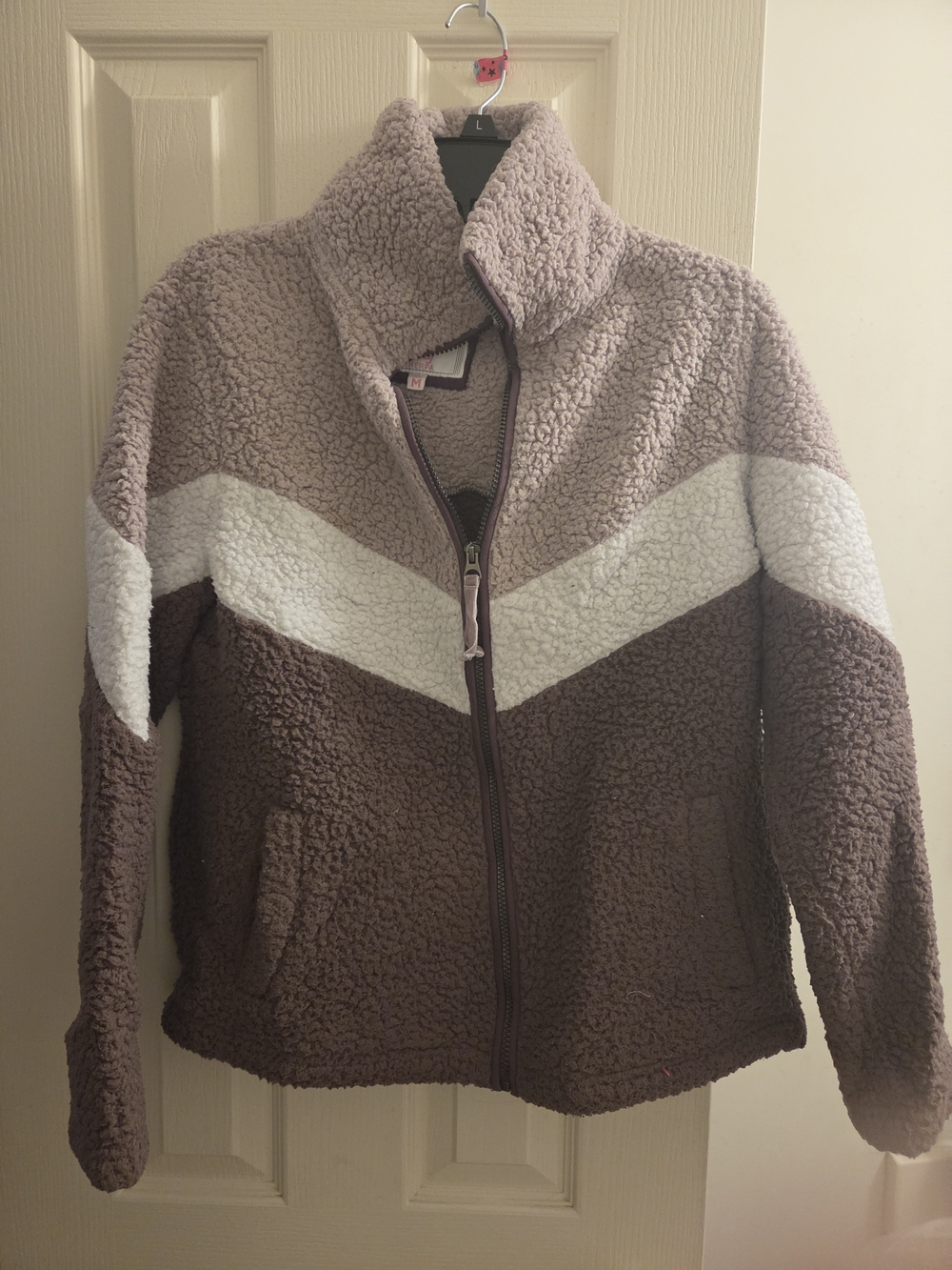 Women's Sherpa Zip-Front Jacket in Mauve, White & Brown